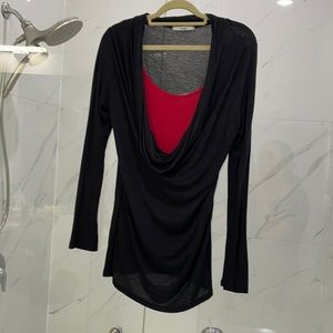 Papaya Red and Black Long Sleeve Blouse